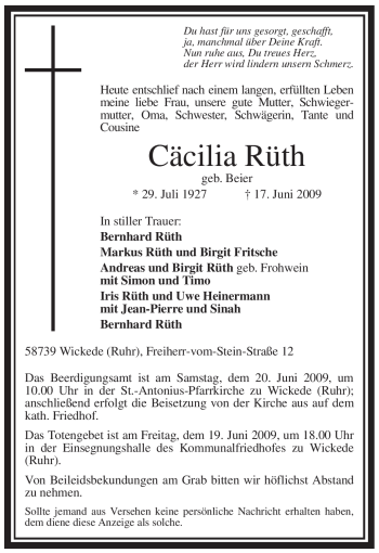 Traueranzeige von Cäcilia Rüth von Tageszeitung