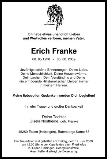 Traueranzeige von Erich Franke von Tageszeitung