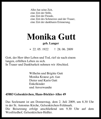 Traueranzeige von Monika Gutt von Tageszeitung