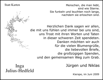 Traueranzeige von Inga Julius-Hedfeld von Tageszeitung