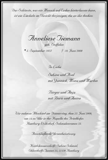 Traueranzeige von Anneliese Tiemann von Tageszeitung