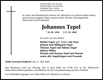 Traueranzeige von Johannes Tepel von Tageszeitung