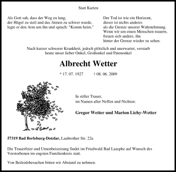 Traueranzeige von Albrecht Wetter von Tageszeitung