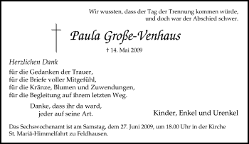 Traueranzeige von Paula Große-Venhaus von Tageszeitung