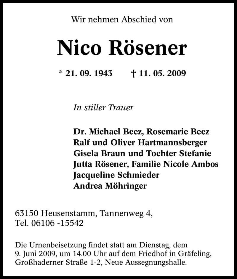  Traueranzeige für Nico Rösener vom 06.06.2009 aus Tageszeitung
