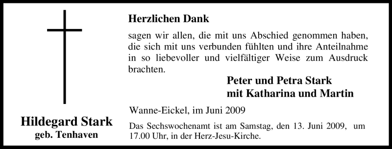  Traueranzeige für Hildegard Stark vom 06.06.2009 aus Tageszeitung