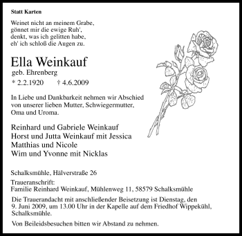 Traueranzeige von Ella Weinkauf von Tageszeitung