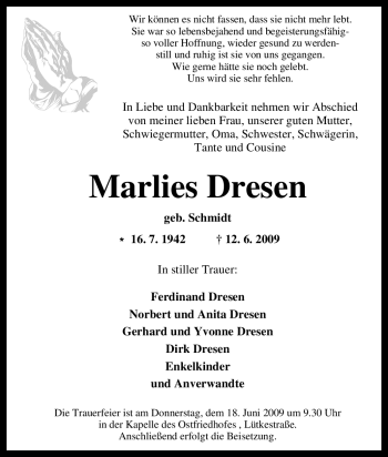 Traueranzeige von Marlies Dresen von Tageszeitung