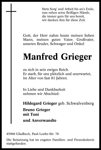 Traueranzeige von Manfred Grieger von Tageszeitung