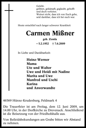 Traueranzeige von Carmen Mißner von Tageszeitung