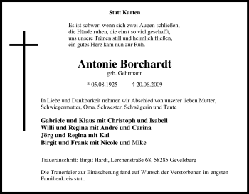 Traueranzeige von Antonie Borchardt von Tageszeitung