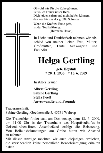 Traueranzeige von Helga Gertling von Tageszeitung