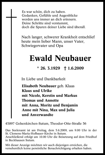 Traueranzeige von Ewald Neubauer von Tageszeitung