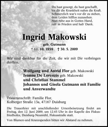 Traueranzeige von Ingrid Makowski von Tageszeitung