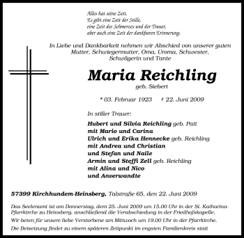 Traueranzeige von Maria Reichling von Tageszeitung