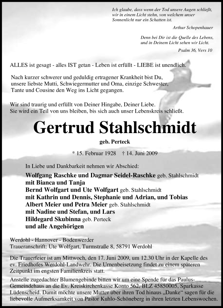  Traueranzeige für Gertrud Stahlschmidt vom 16.06.2009 aus Tageszeitung
