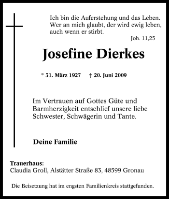 Traueranzeige von Josefine Dierkes von Tageszeitung