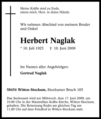 Traueranzeige von Herbert Naglak von Tageszeitung