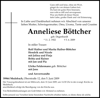 Traueranzeige von Anneliese Böttcher von Tageszeitung