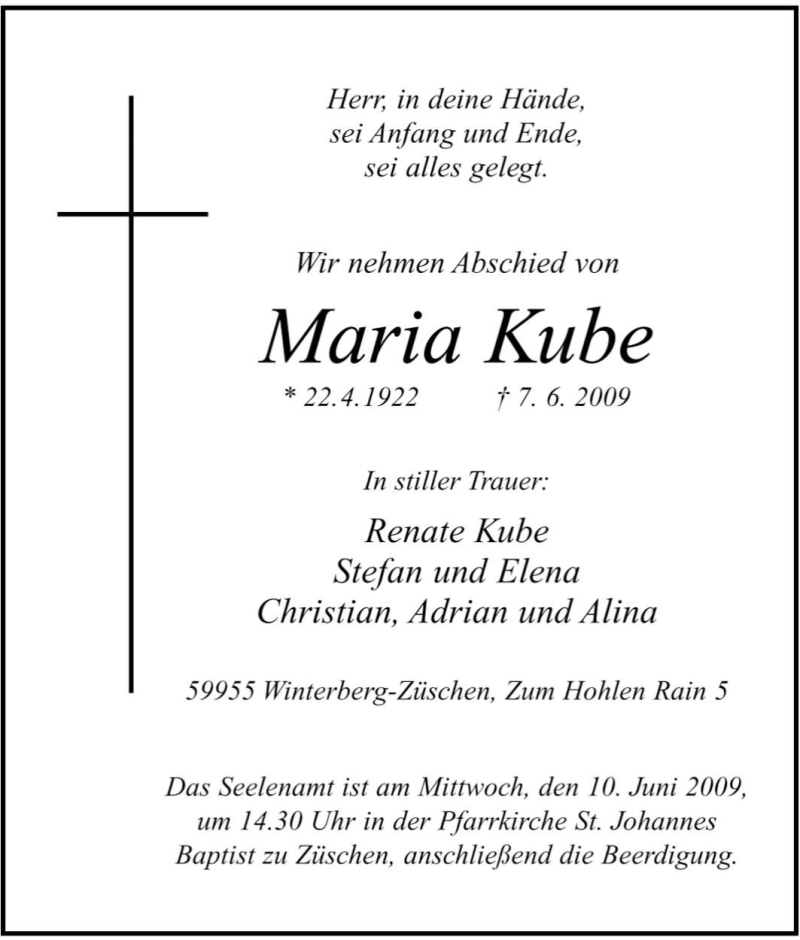  Traueranzeige für Maria Kube vom 09.06.2009 aus Tageszeitung