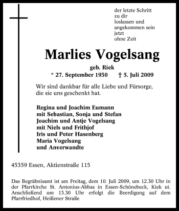 Traueranzeige von Marlies Vogelsang von Tageszeitung