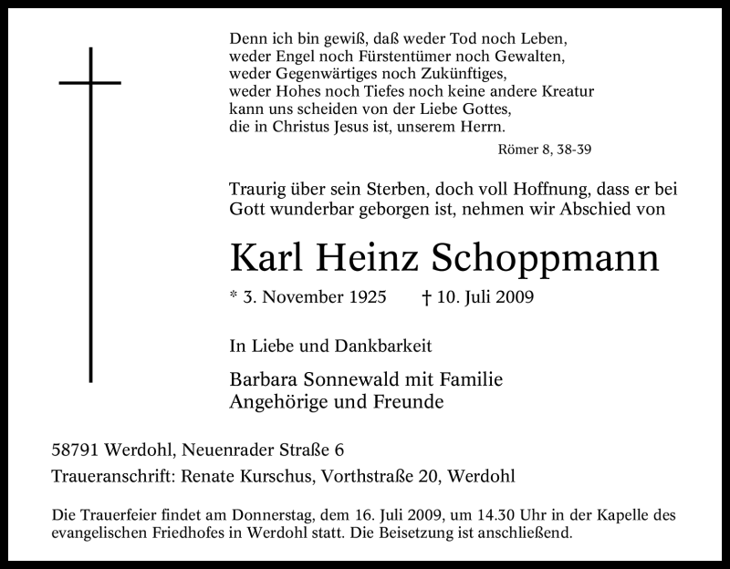  Traueranzeige für Karl Heinz Schoppmann vom 14.07.2009 aus Tageszeitung