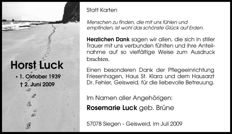  Traueranzeige für Horst Luck vom 08.07.2009 aus Tageszeitung