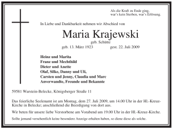 Traueranzeige von Maria Krajewski von Tageszeitung
