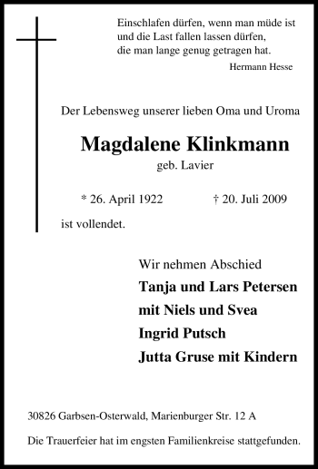 Traueranzeige von Magdalene Klinkmann von Tageszeitung
