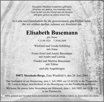 Traueranzeige von Elisabeth Busemann von Tageszeitung