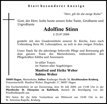 Traueranzeige von Adolfine Stinn von Tageszeitung