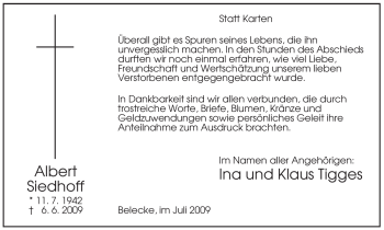Traueranzeige von Albert Siedhoff von Tageszeitung