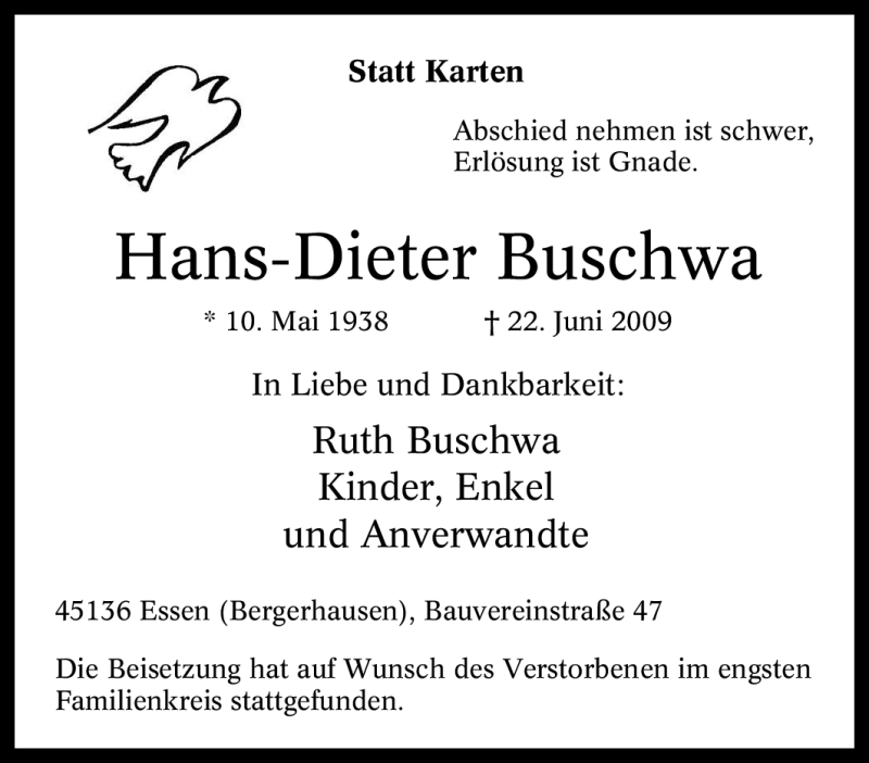  Traueranzeige für Hans-Dieter Buschwa vom 08.07.2009 aus Tageszeitung