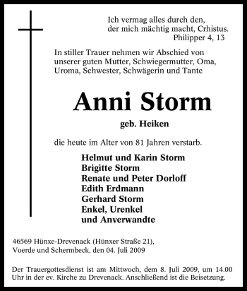 Traueranzeige von Anni Storm von Tageszeitung