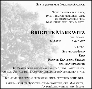 Traueranzeige von Brigitte Markwitz von Tageszeitung