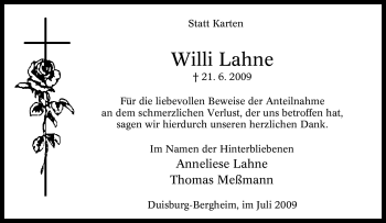 Traueranzeige von Willi Lahne von Tageszeitung