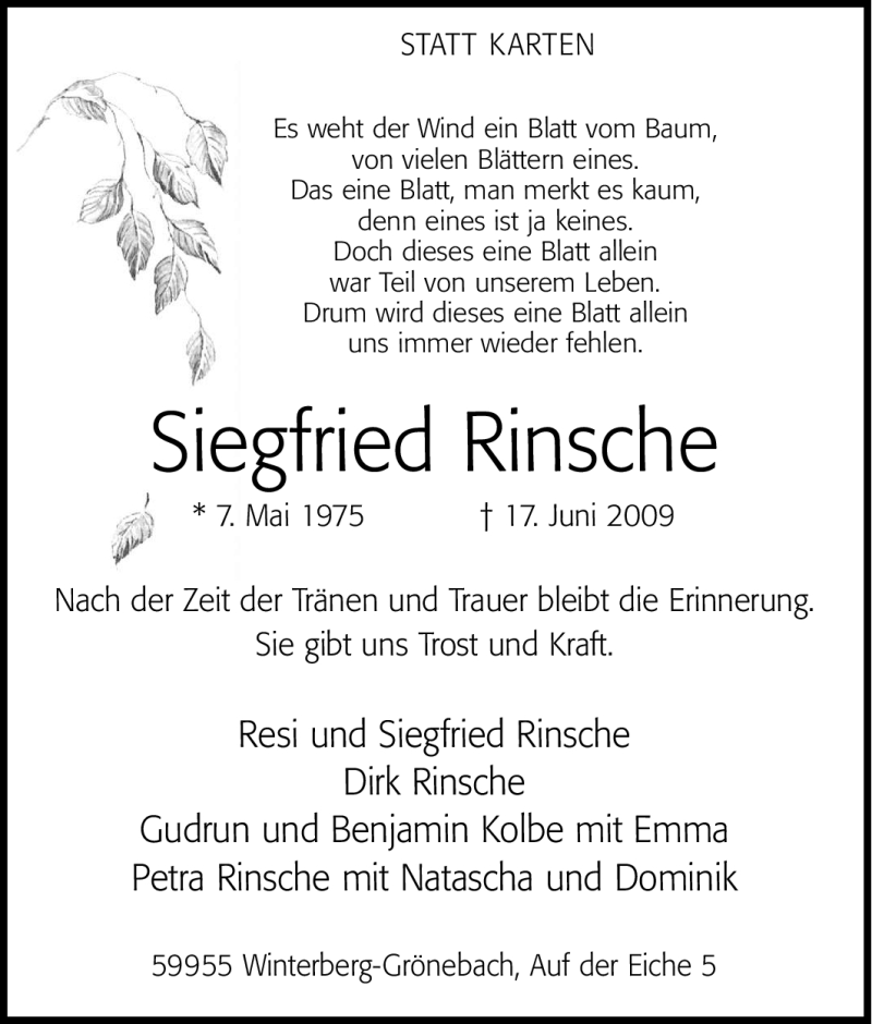  Traueranzeige für Siegfried Rinsche vom 02.07.2009 aus Tageszeitung