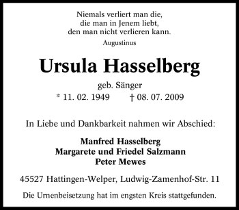 Traueranzeige von Ursula Hasselberg von Tageszeitung