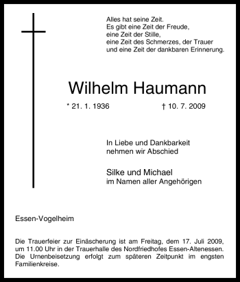 Traueranzeige von Wilhelm Haumann von Tageszeitung