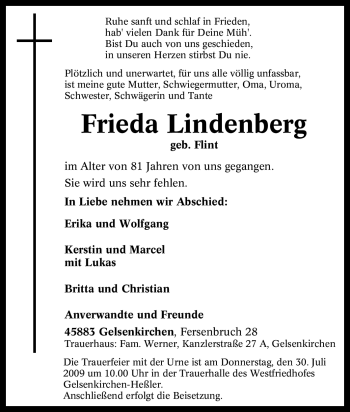 Traueranzeige von Frieda Lindenberg von Tageszeitung