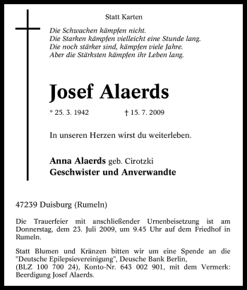 Traueranzeige von Josef Alaerds von Tageszeitung