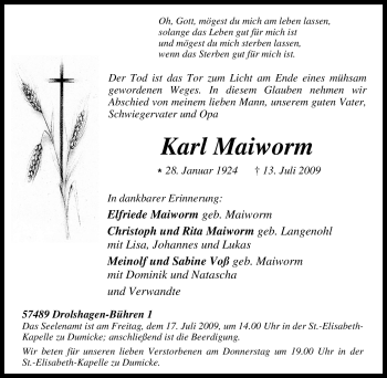Traueranzeige von Karl Maiworm von Tageszeitung