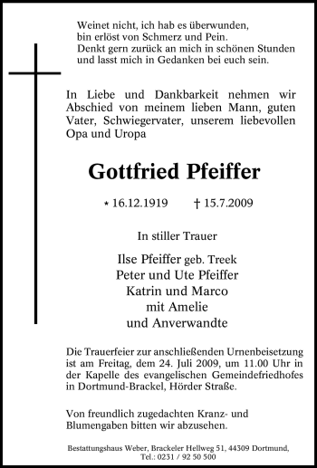 Traueranzeige von Gottfried Pfeiffer von Tageszeitung