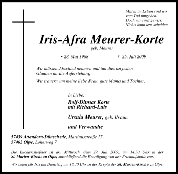 Traueranzeige von Iris-Afra Meurer-Korte von Tageszeitung