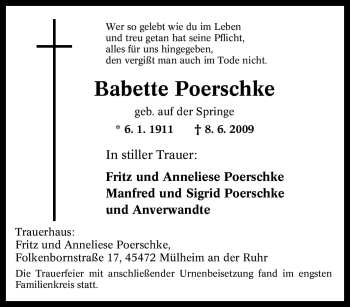 Traueranzeige von Babette Poerschke von Tageszeitung