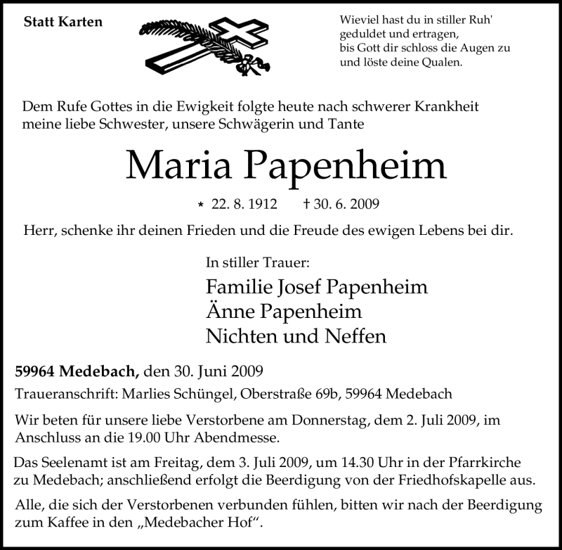  Traueranzeige für Maria Papenheim vom 02.07.2009 aus Tageszeitung
