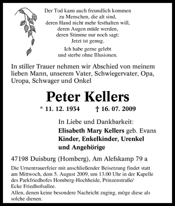 Traueranzeige von Peter Kellers von Tageszeitung