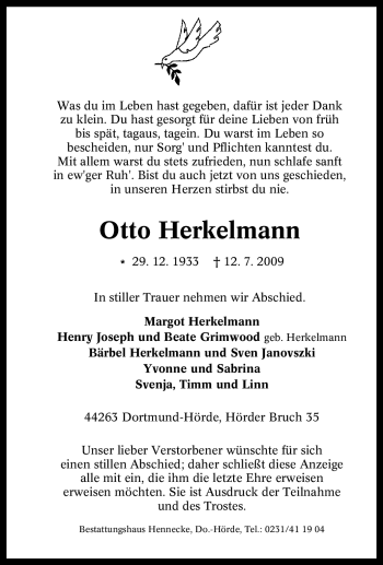 Traueranzeige von Otto Herkelmann von Tageszeitung