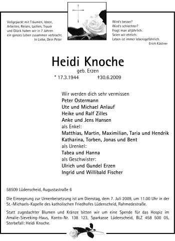 Traueranzeige von Heidi Knoche von Tageszeitung