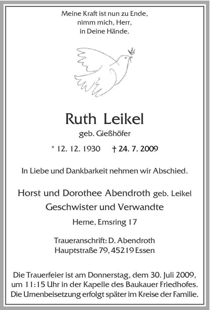  Traueranzeige für Ruth Leikel vom 27.07.2009 aus Tageszeitung